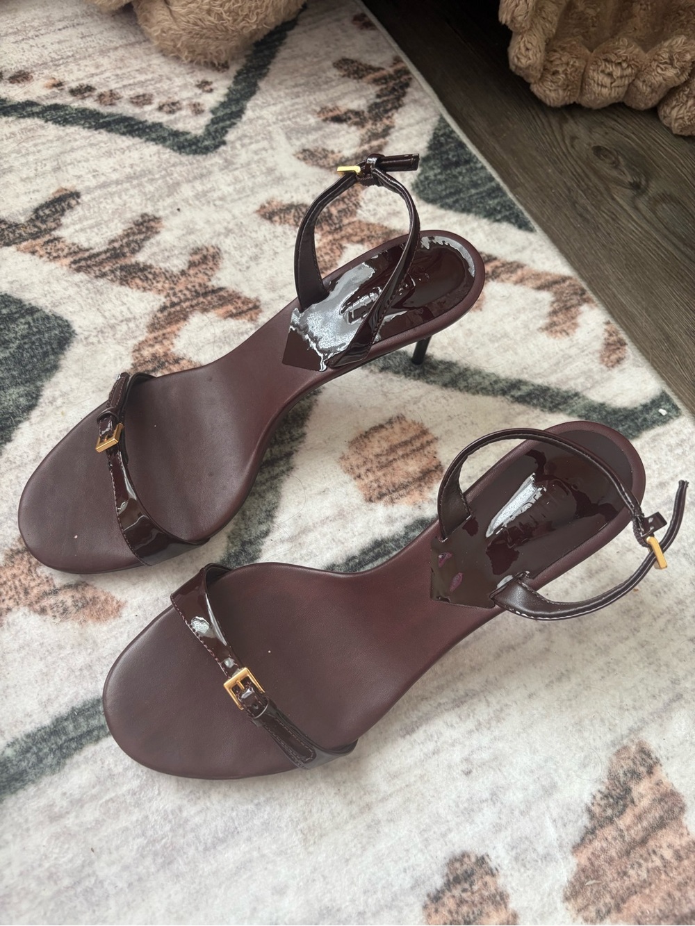 Patent Strap High Heel Sandals in Brick Red.